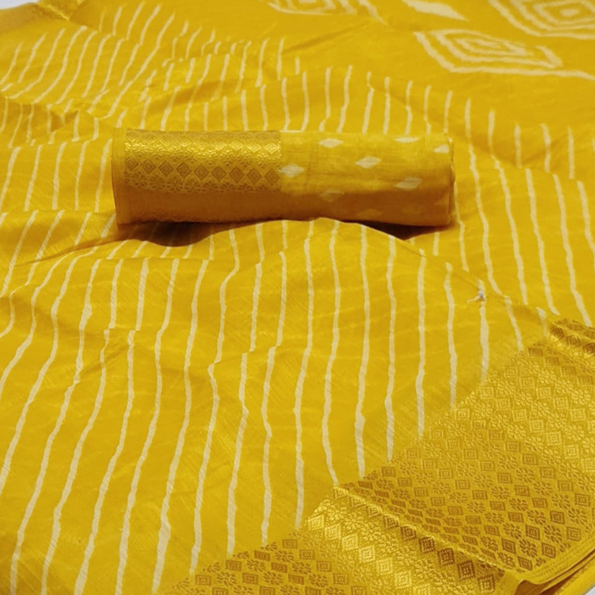 Yellow Striped Printed Linen Saree