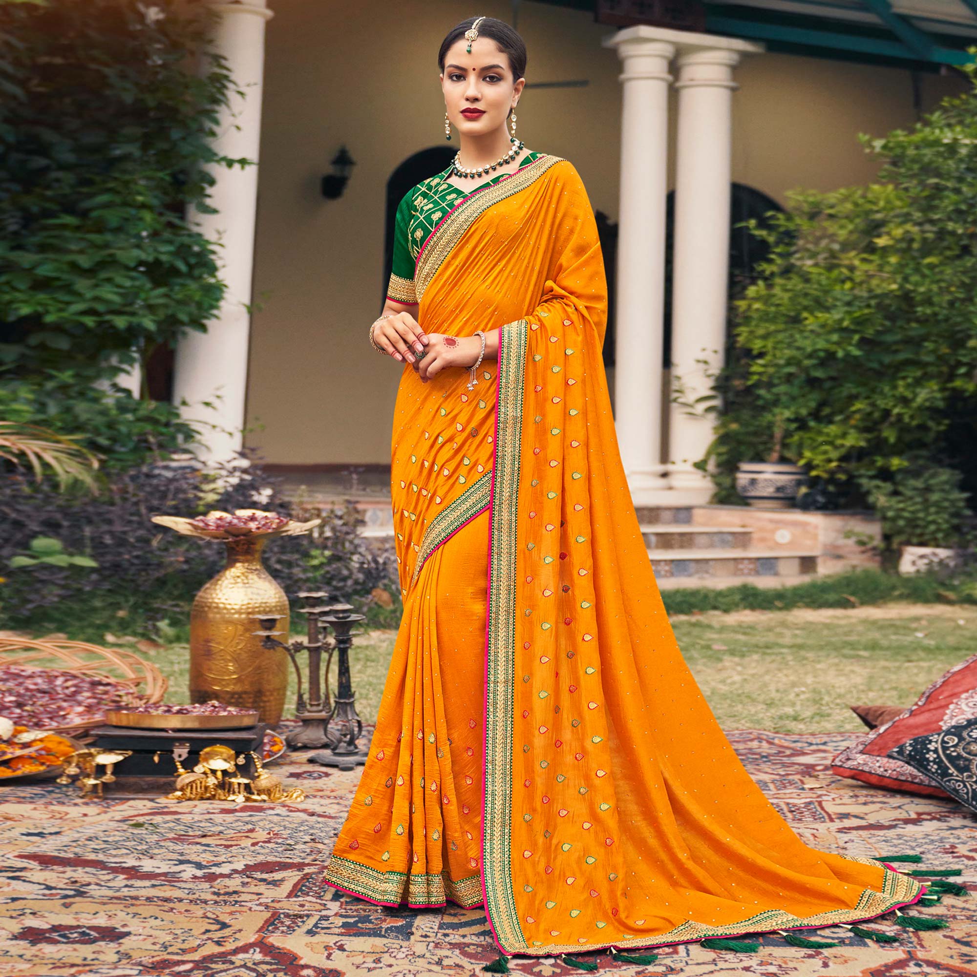 Orange Embroidered With Stone Work Vichitra Silk Saree