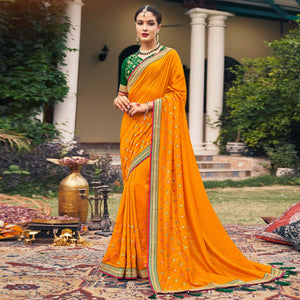 Orange Embroidered With Stone Work Vichitra Silk Saree