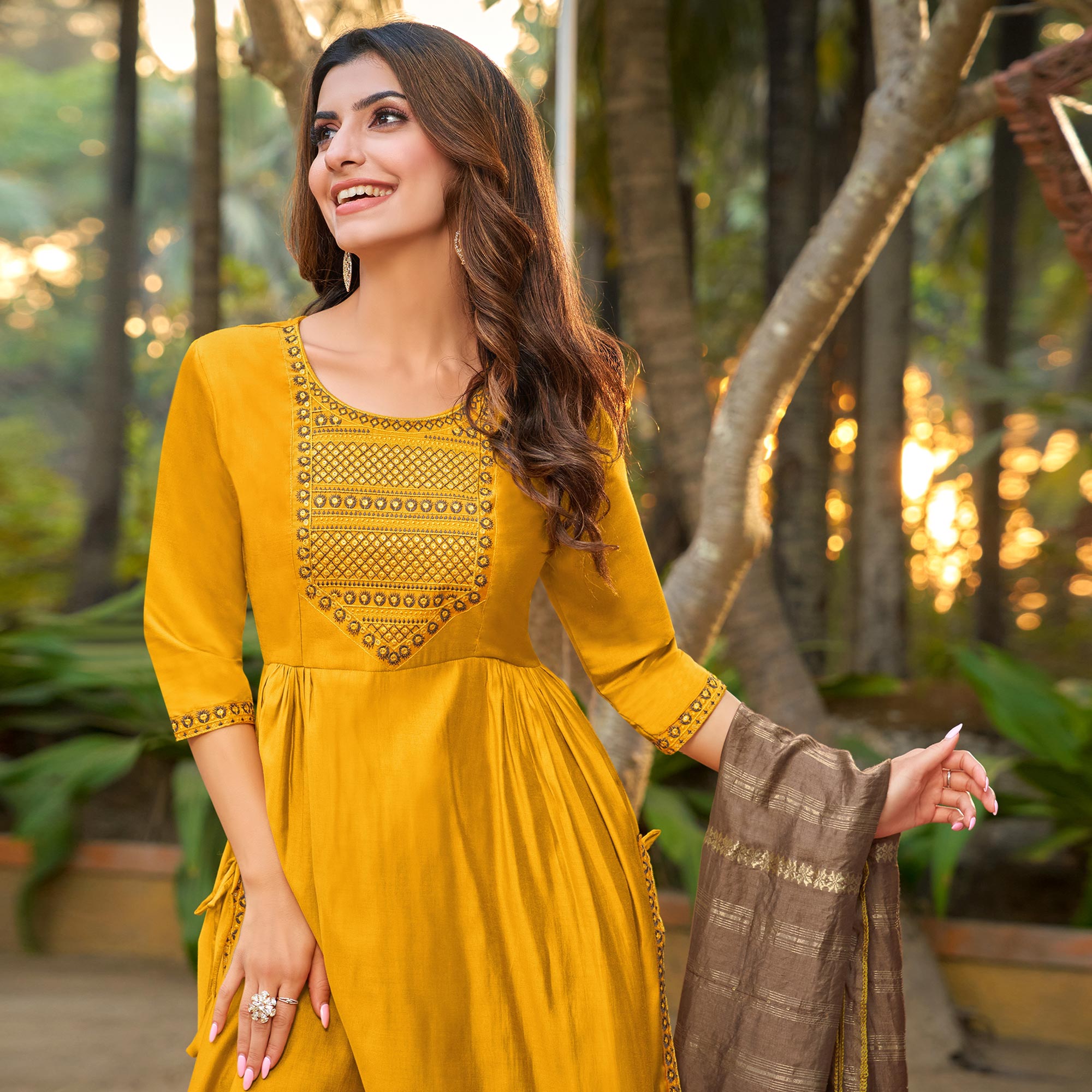Mustard Floral Embroidered Pure Silk Naira Cut Suit