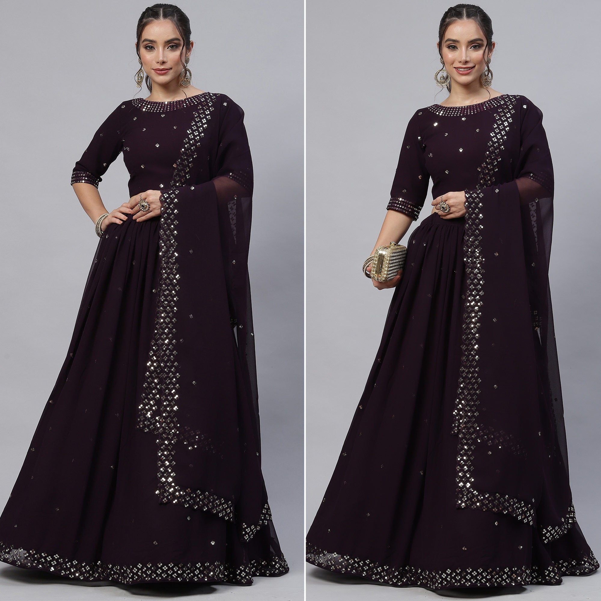 Dark Purple Sequins Embroidered Georgette Lehenga Choli