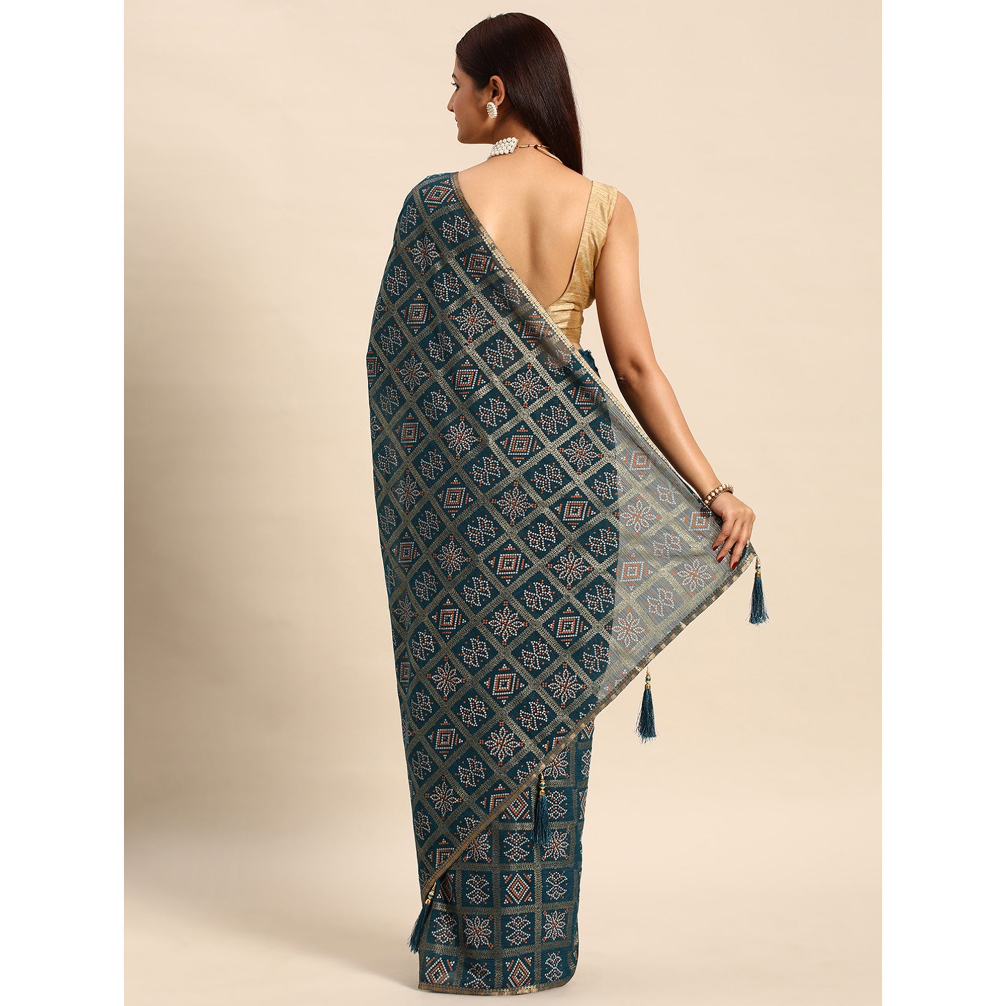 Blue Bandhani Foil Printed Zomato Saree With Tassels