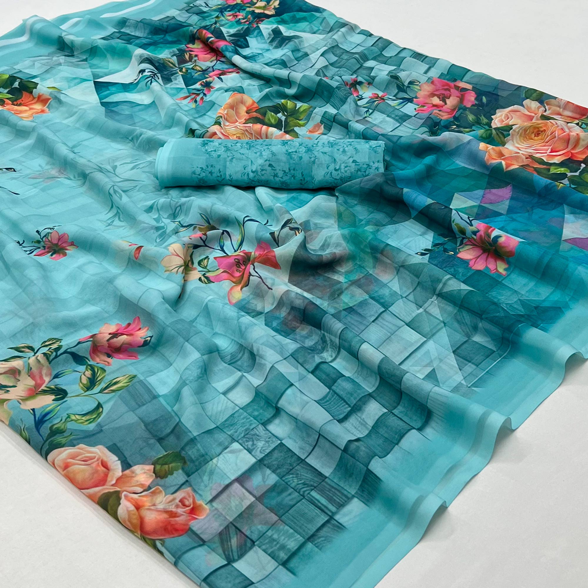 Rama Blue Digital Printed Georgette Saree