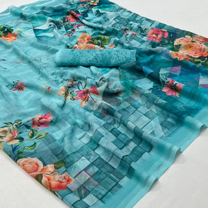 Rama Blue Digital Printed Georgette Saree