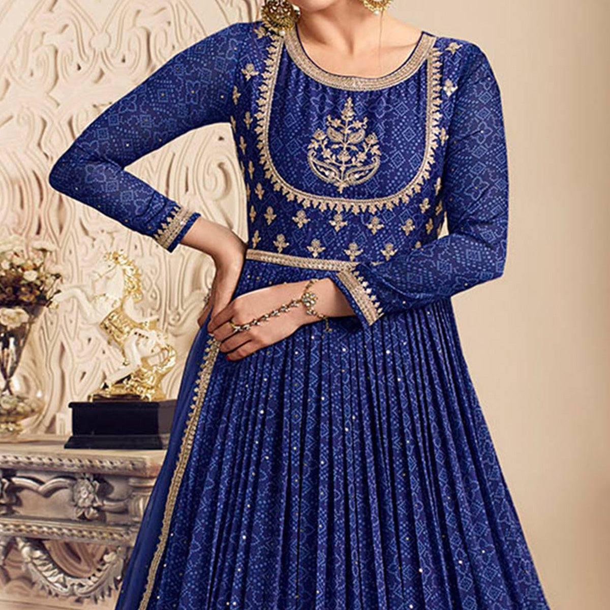 Blue Printed With Embroidered Chiffon Gown