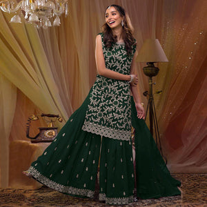 Dark Green Floral Embroidered Georgette Semi Stitched Sharara Suit