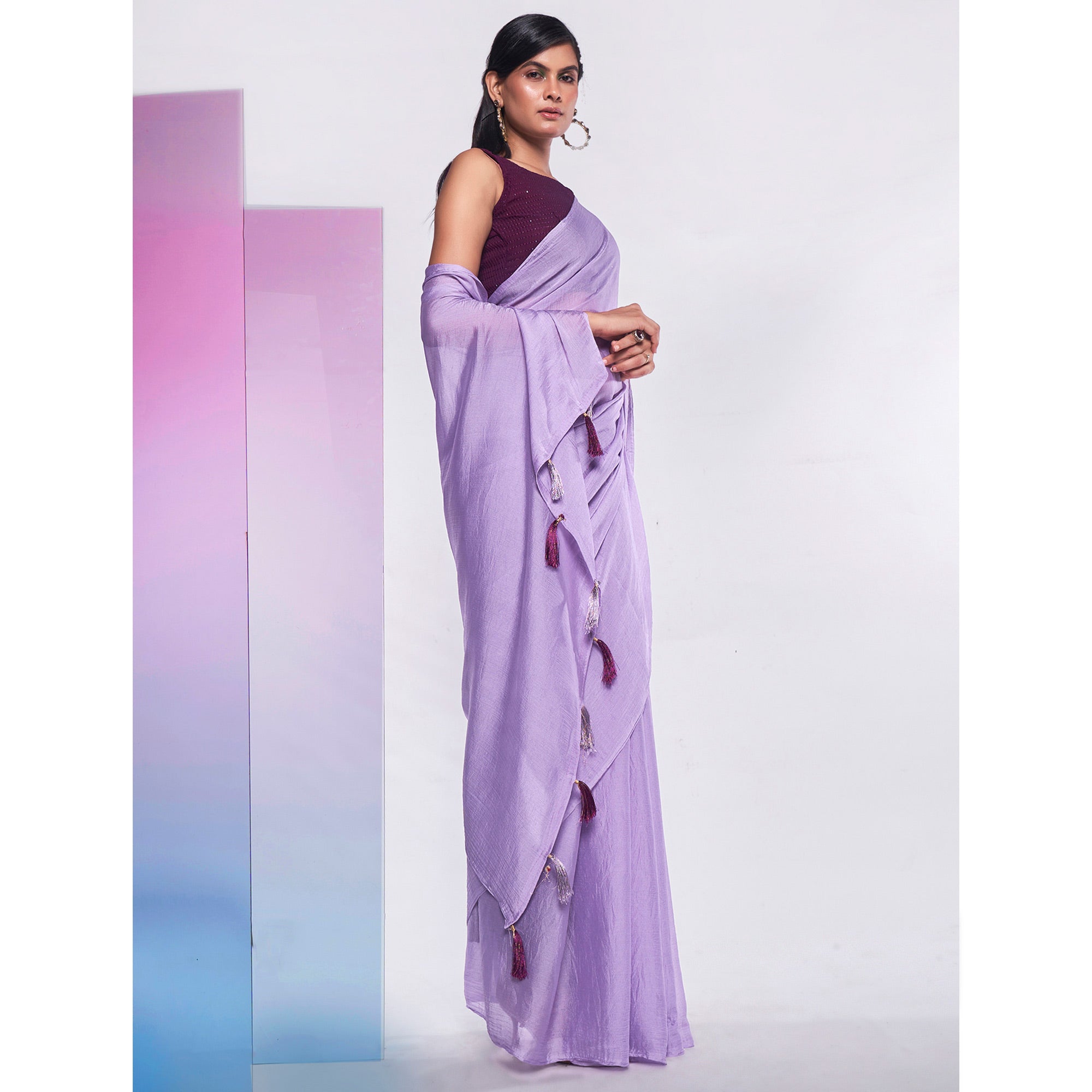 Purple Solid Georgette Saree With Tassels