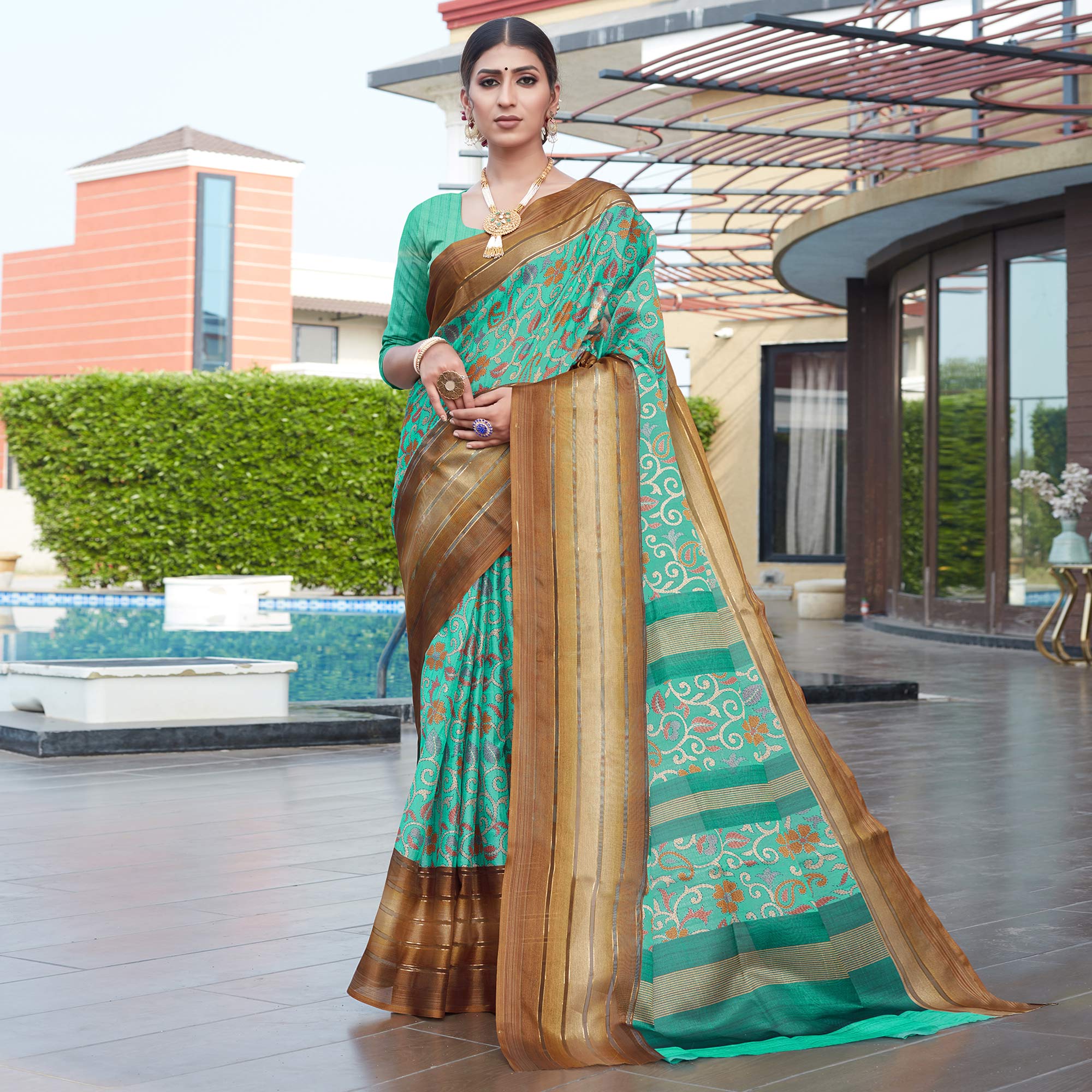 Sea Green Floral Digital Printed Cotton Blend Saree