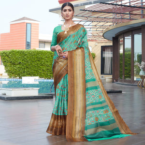 Sea Green Floral Digital Printed Cotton Blend Saree