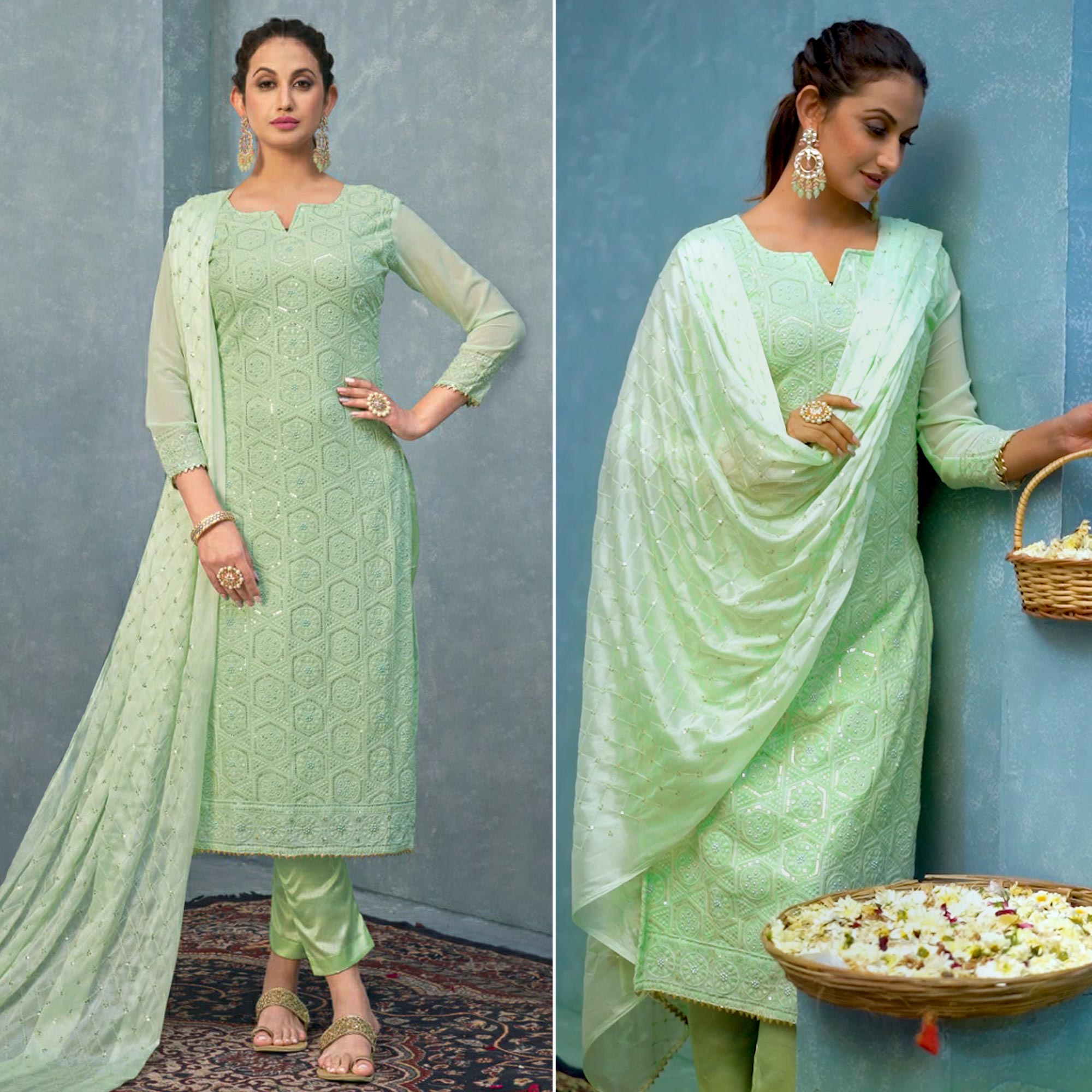 Pista Green Mirror Embroidered Georgette Suit
