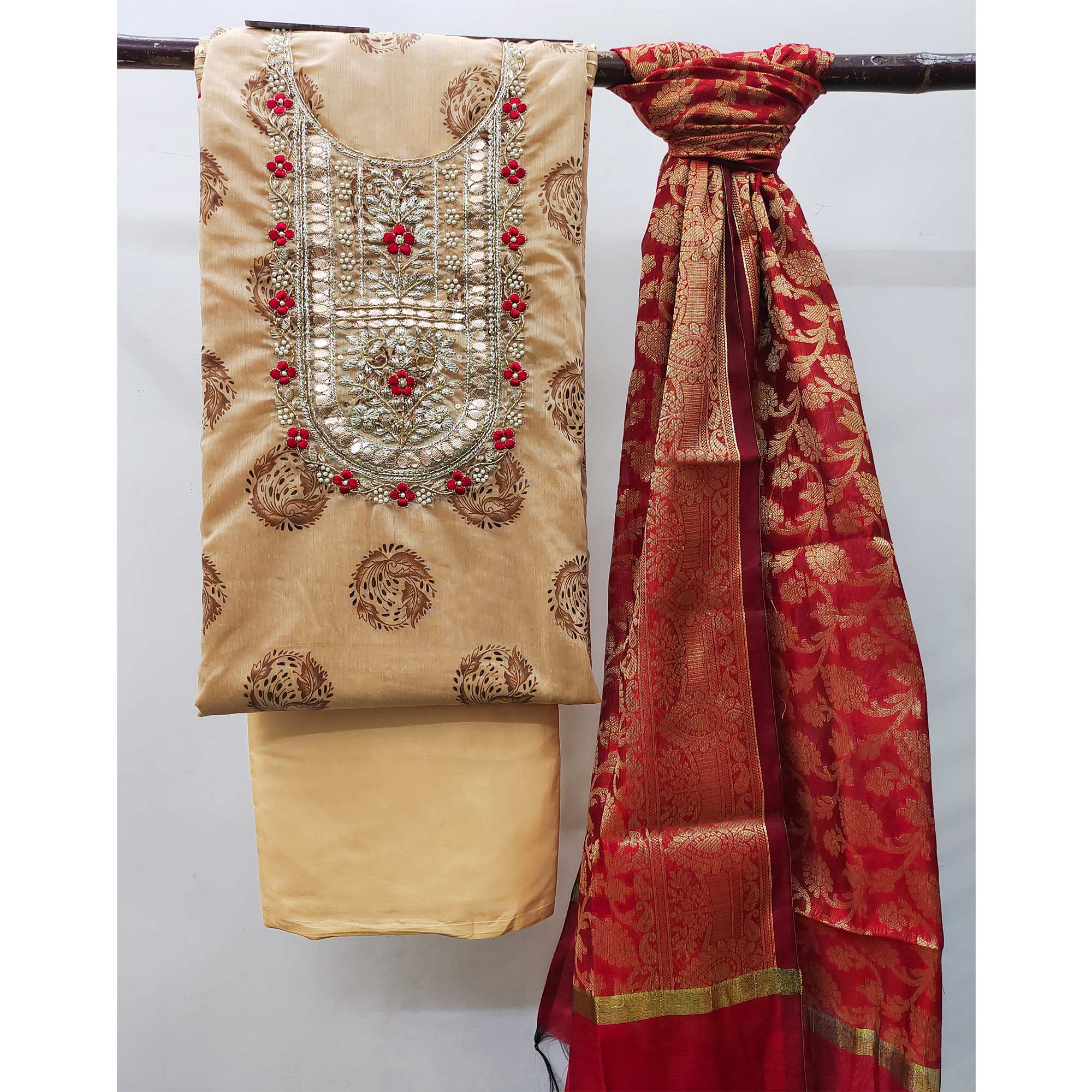 Beige Floral Printed With Handwork Modal Dress Material