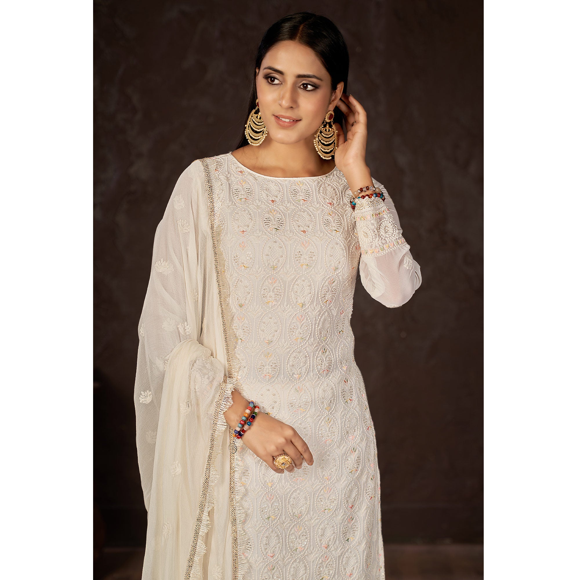 White Lucknowi Embroidered Georgette Suit