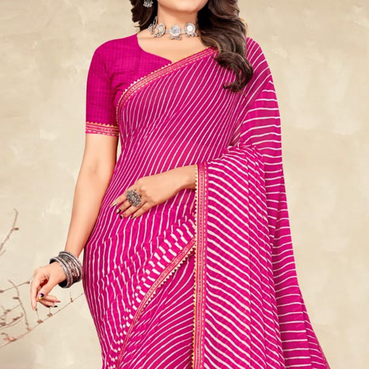 Pink Striped Printed Chiffon Saree