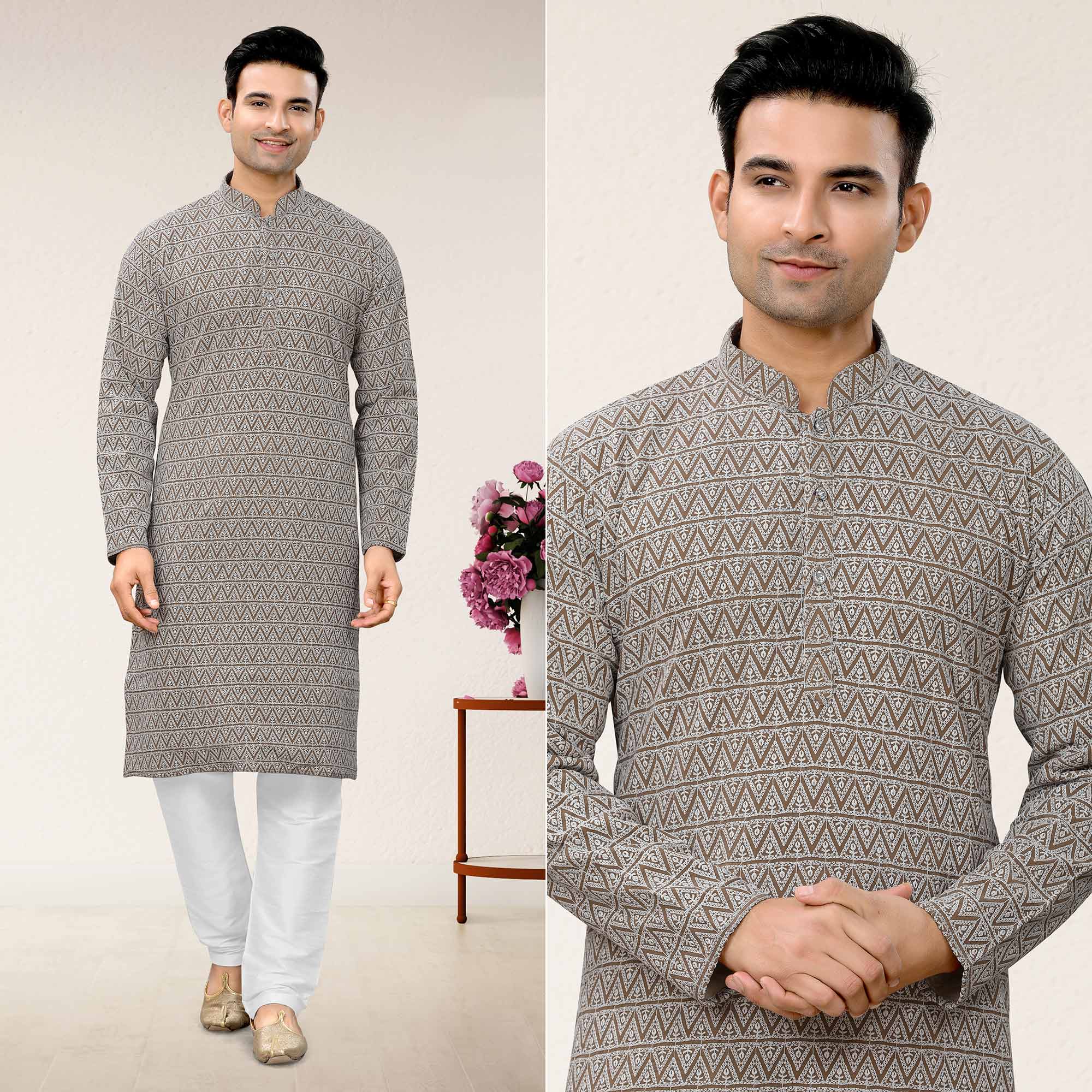 Brown Lucknowi Embroidered Georgette Kurta Pyjama Set