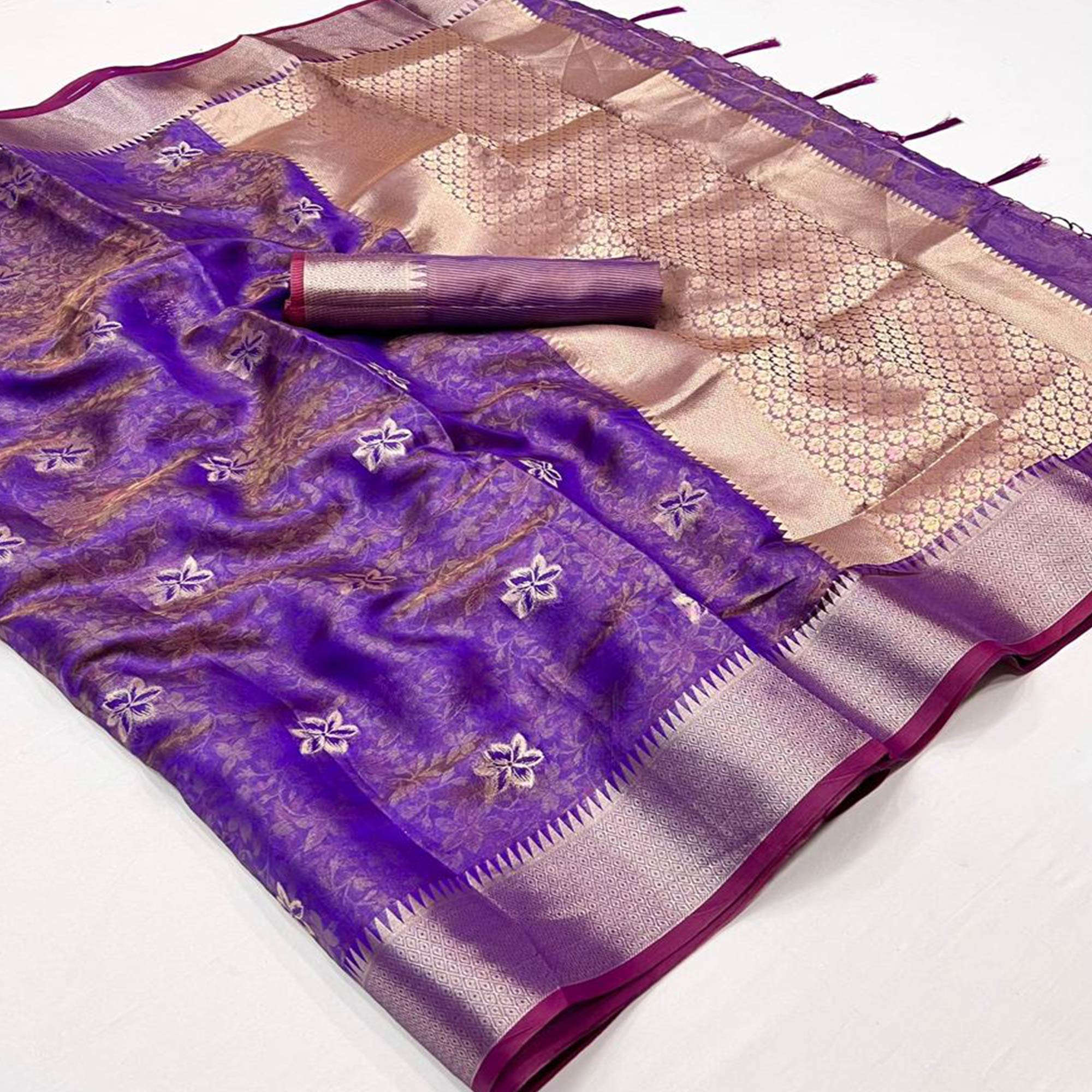 Purple Woven Organza Saree With Tassels