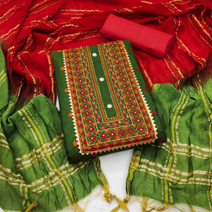 Green Floral Embroidered Cotton Blend Dress Material