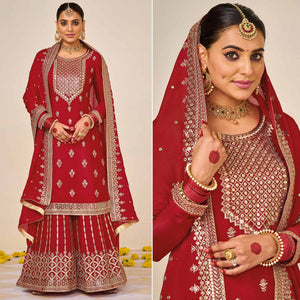 Red Embroidered Georgette Sharara Suit