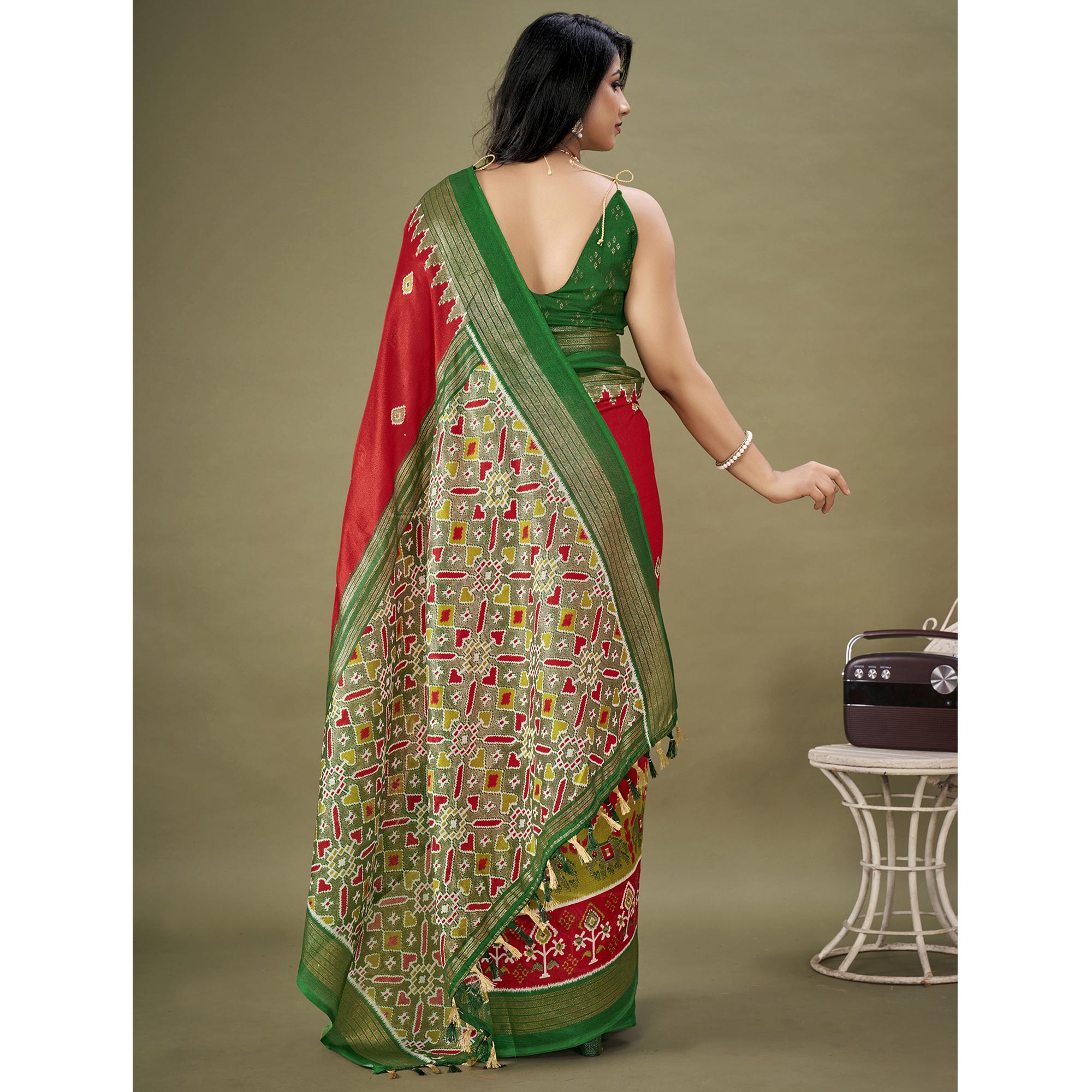 Red Printed Jute Patola Saree