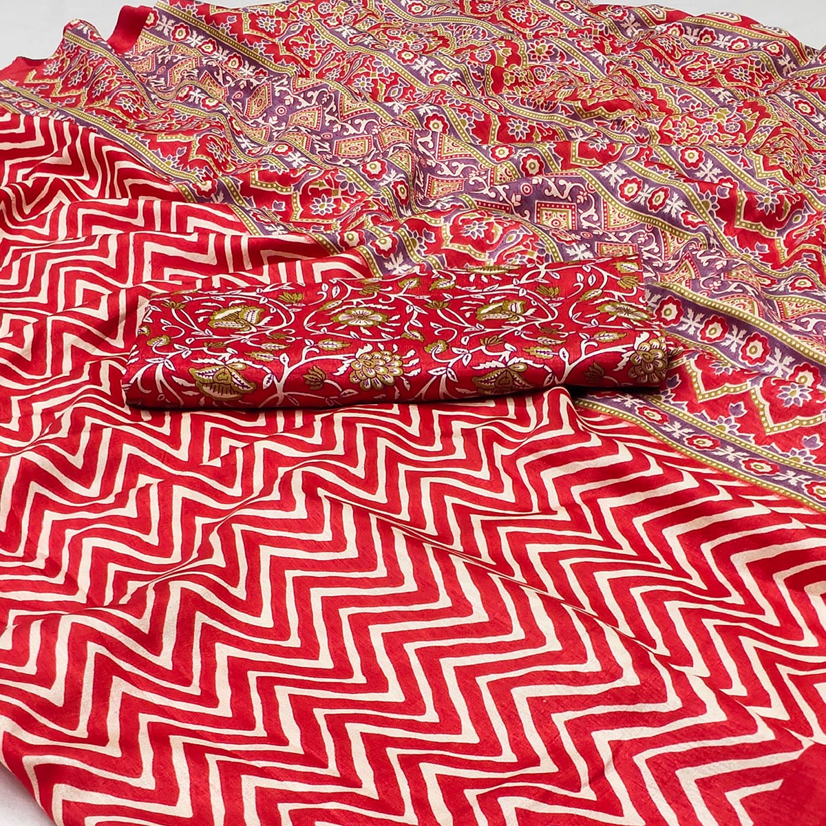 Red Striped Printed Art Silk Saree