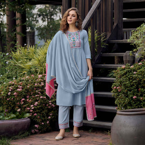 Blue Embroidered Pure Cotton Suit