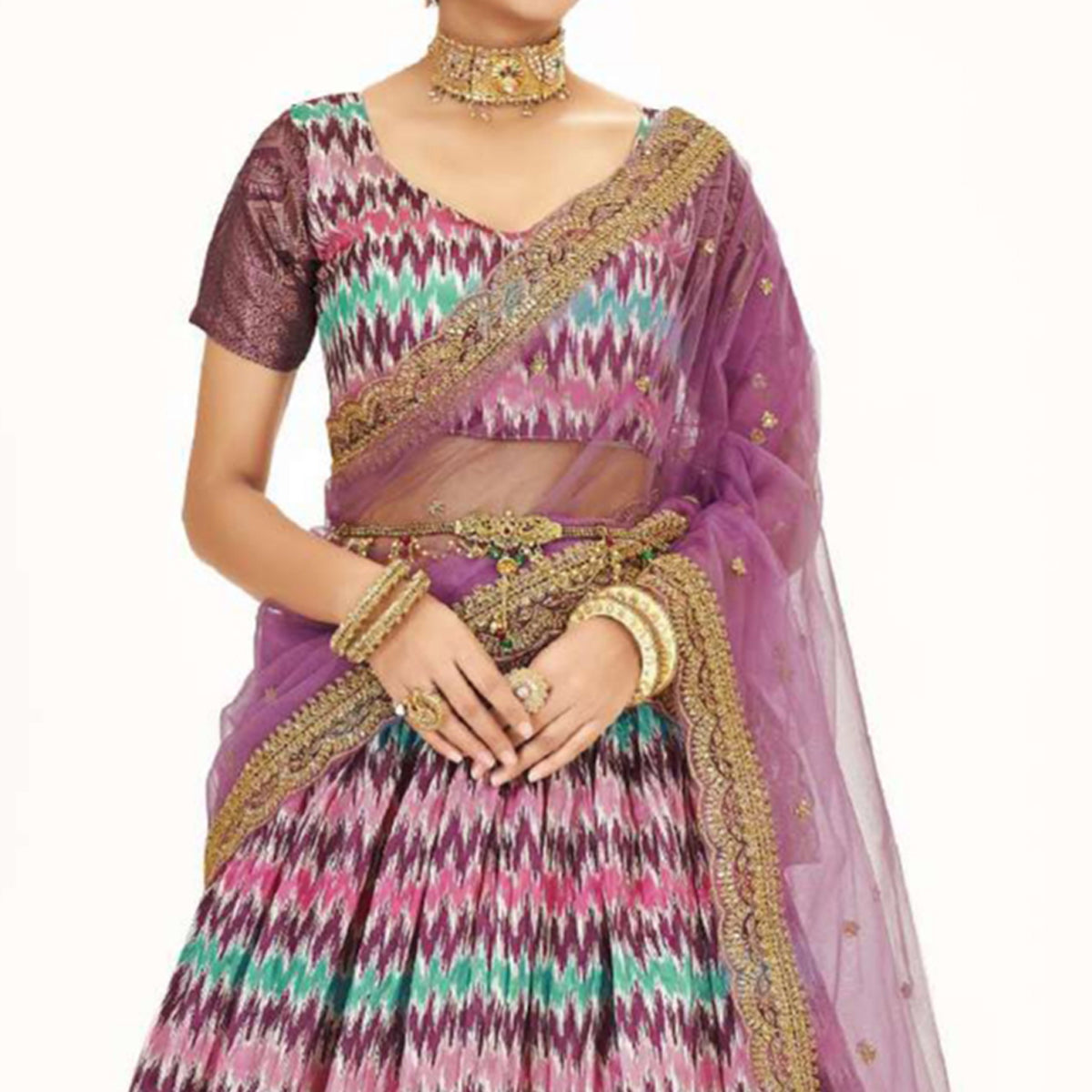 Multicolor Digital Printed With Zari Work Art Silk Lehenga Choli