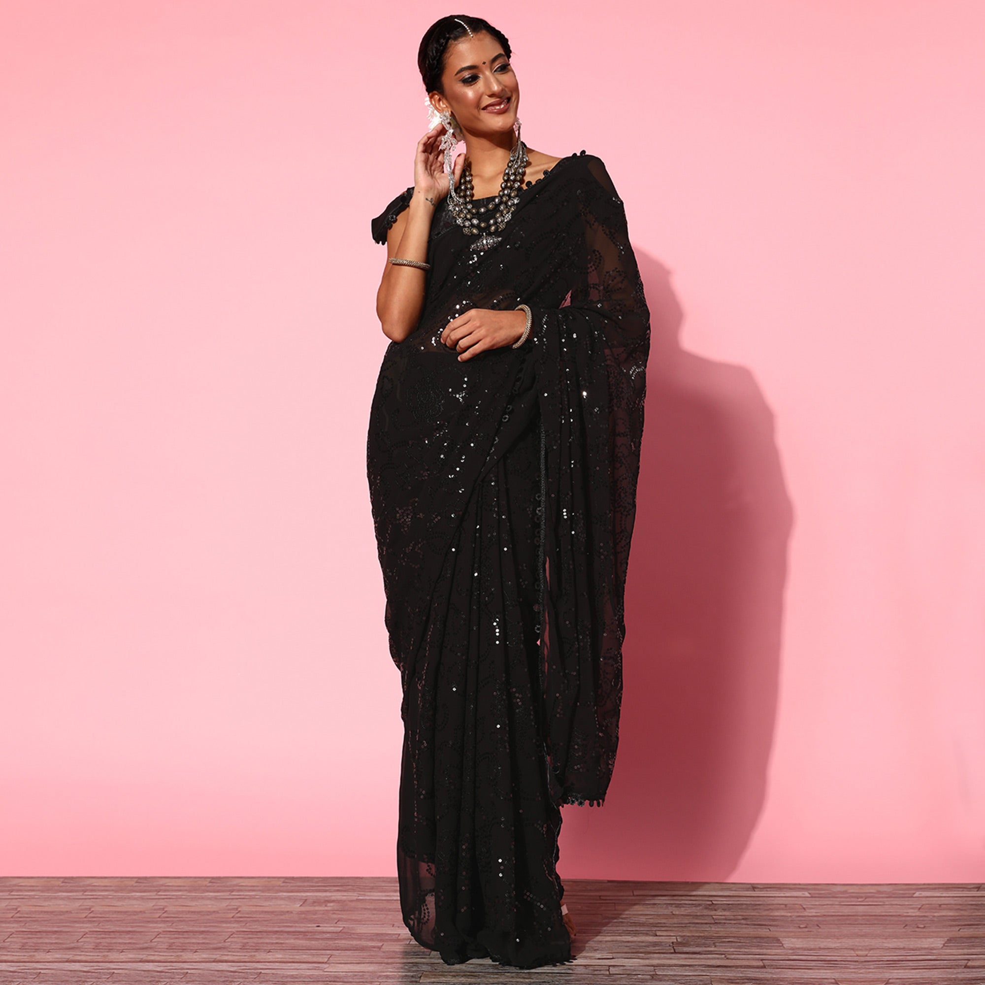 Black Sequins Embroidered Georgette Saree