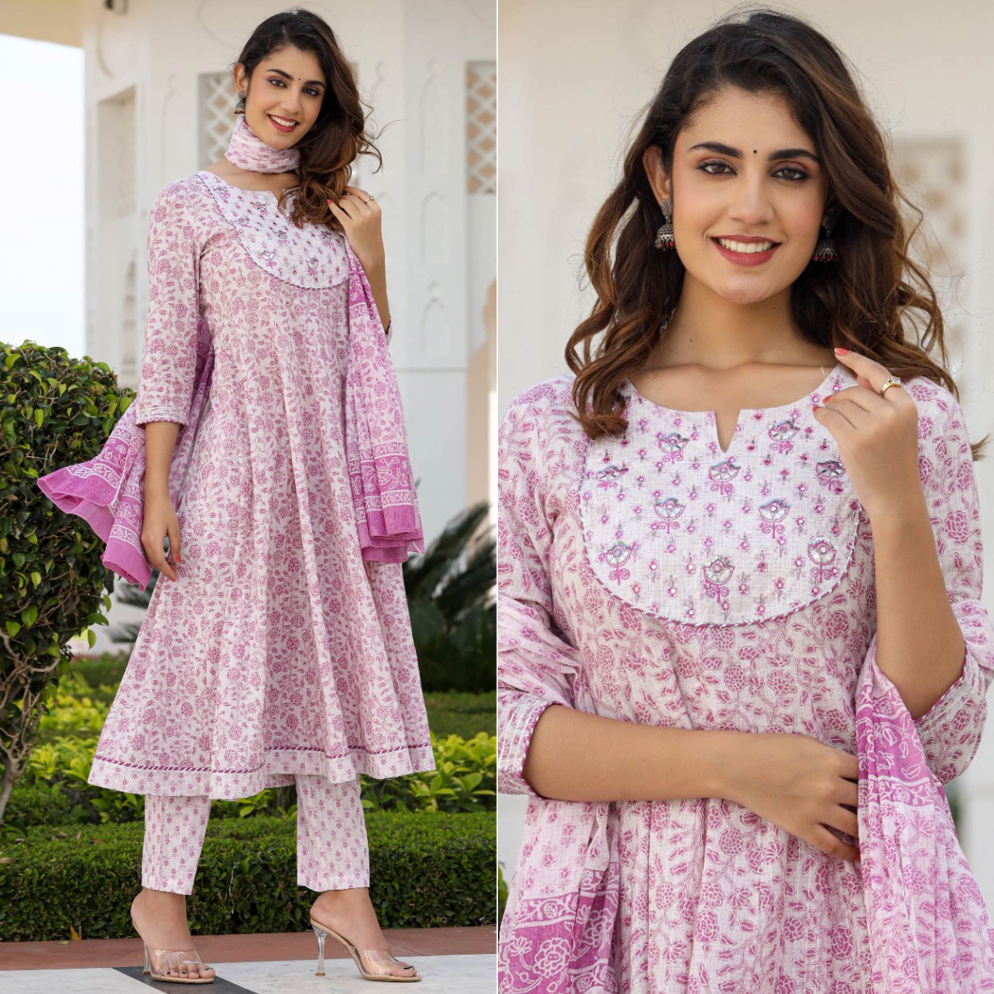 Pink Floral Printed Pure Cotton Anarkali Suit