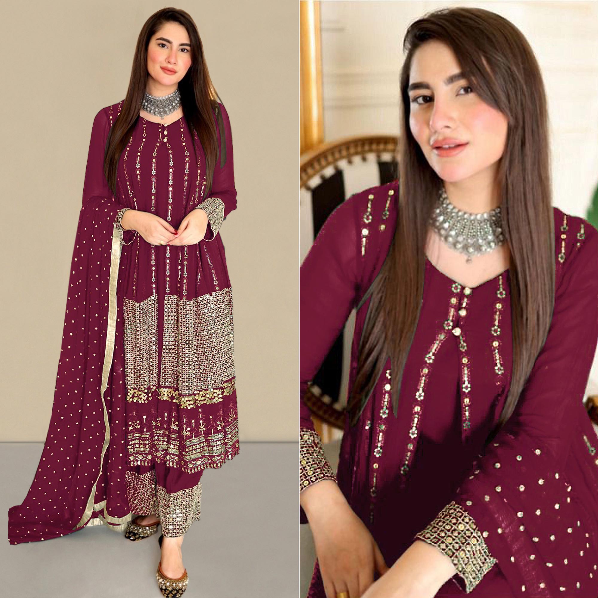 Maroon Sequins Embroidered Georgette Pakistani Suit