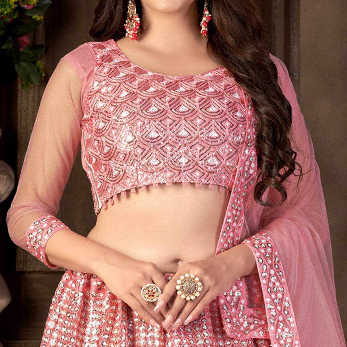 Pink Sequins Embroidered Netted Lehenga Choli