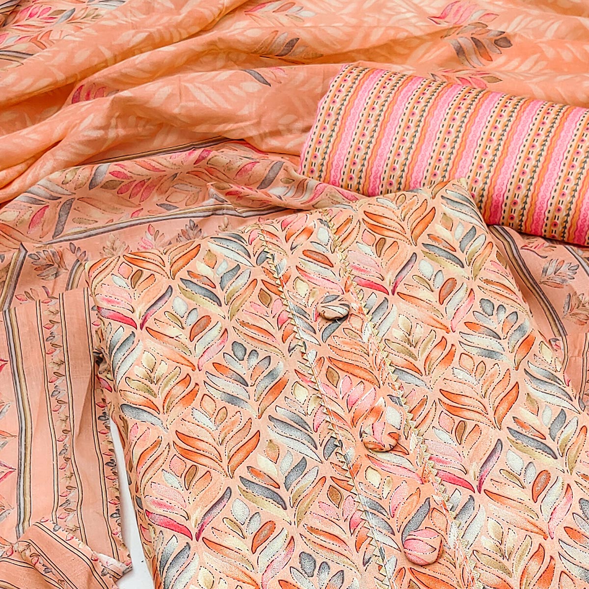 Peach Printed Cotton Blend Dress Material