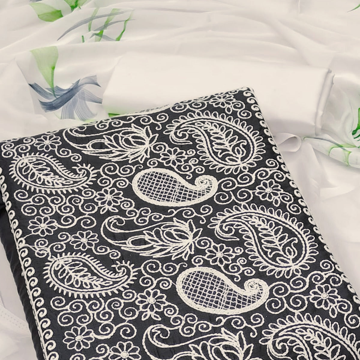 Dark Grey Embroidered Cotton Blend Dress Material