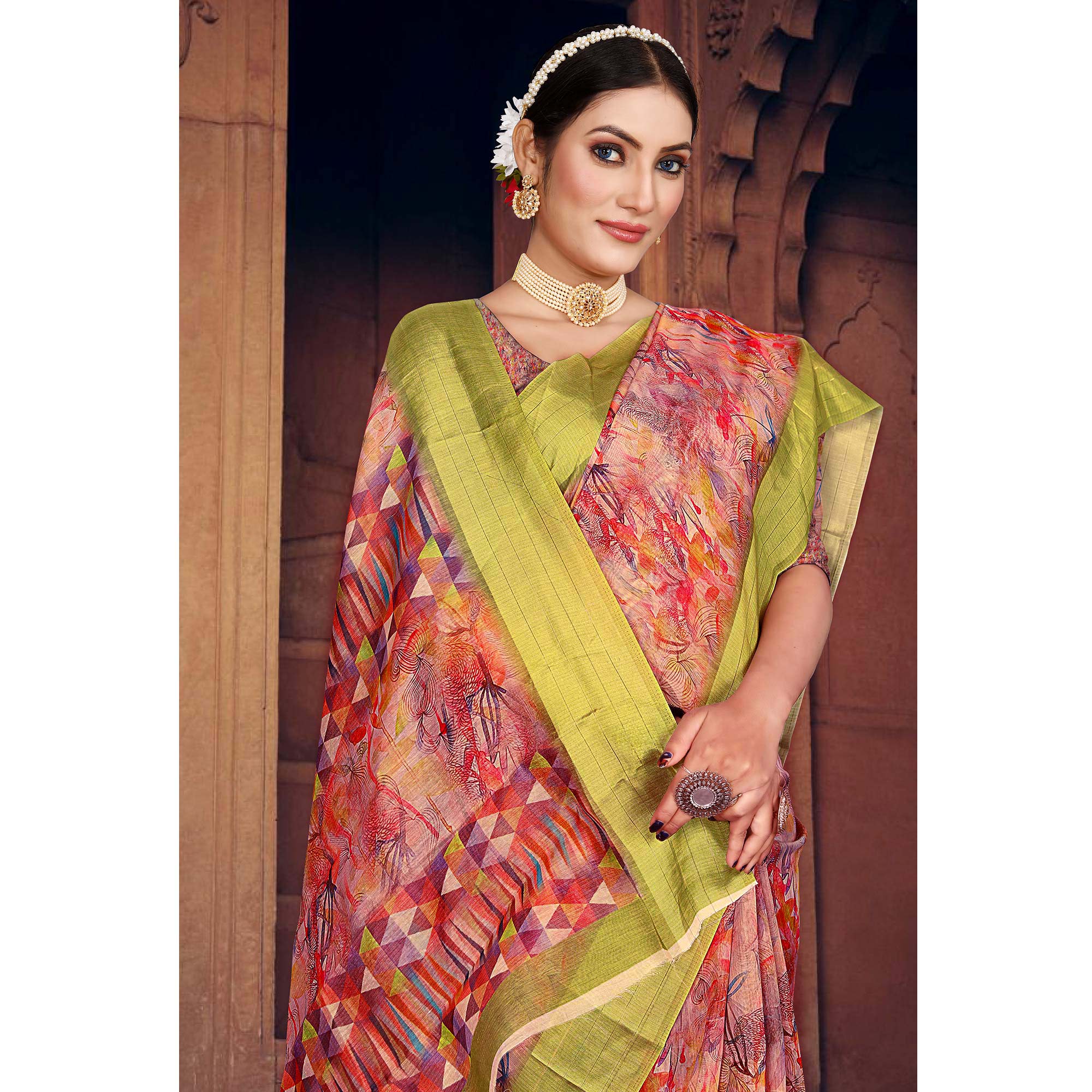 Multicolored Digital Printed Cotton Blend Saree