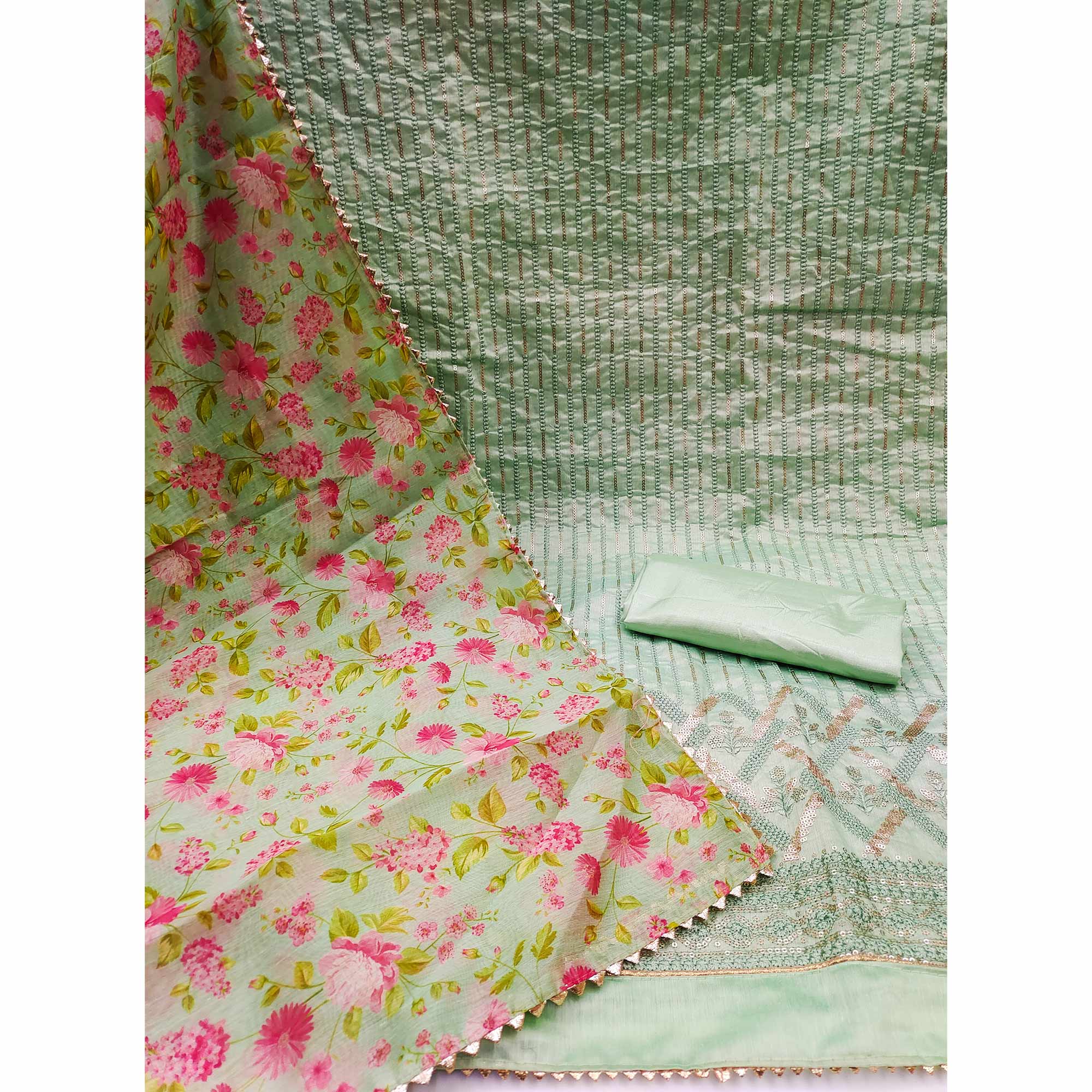 Green Sequins Embroidered Chanderi Dress Material