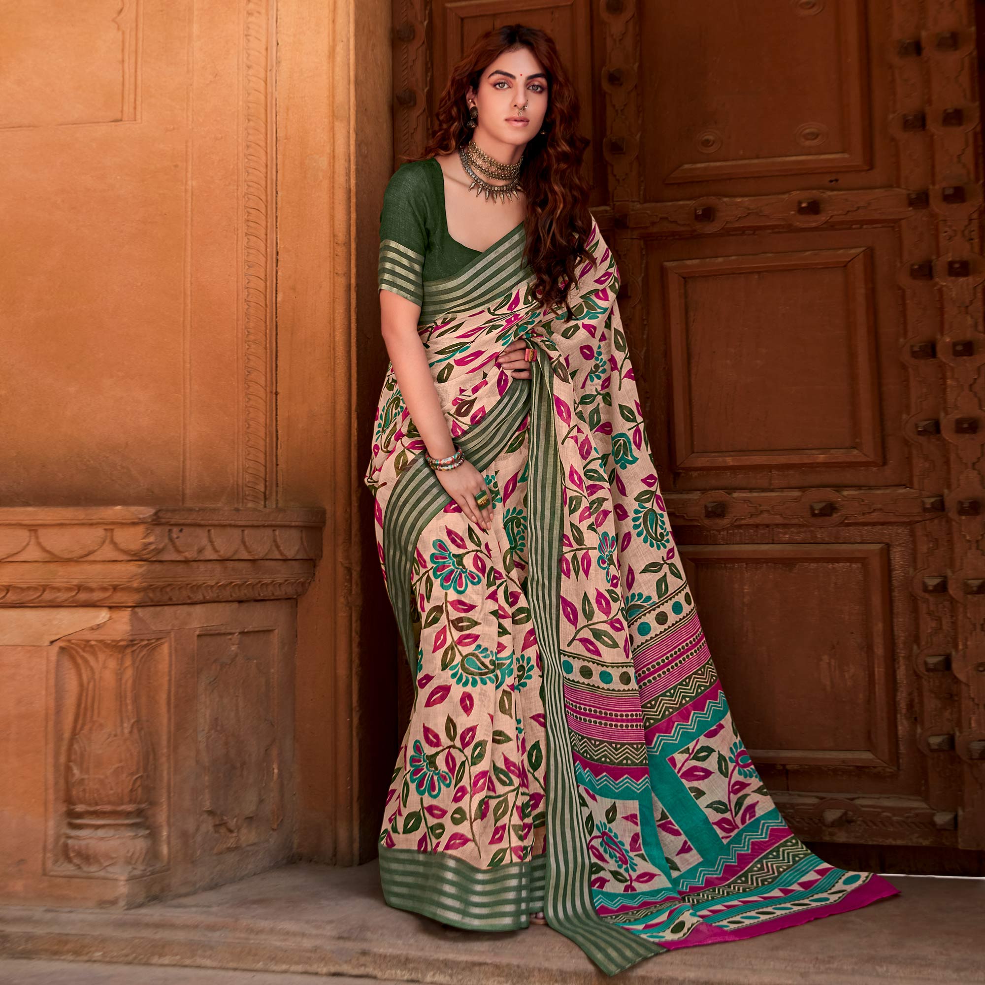 Beige Floral Printed Linen Saree