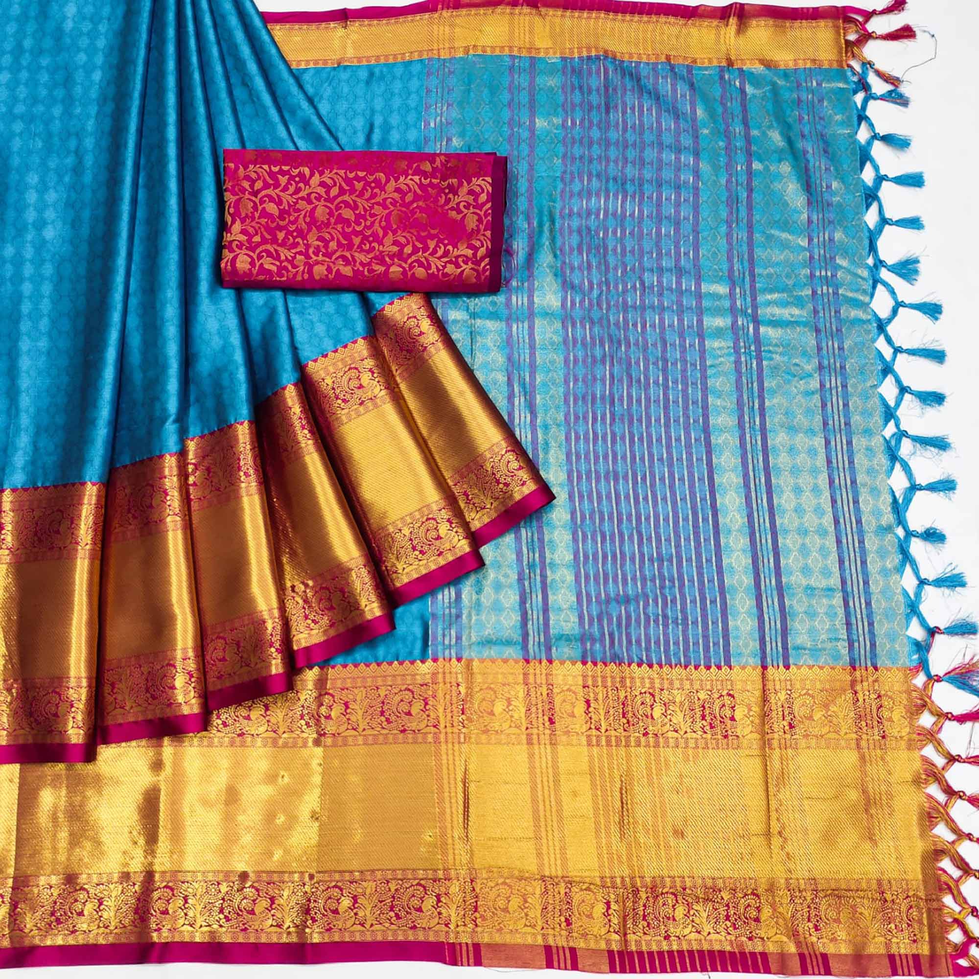Blue Woven Cotton Silk Saree With Tassels