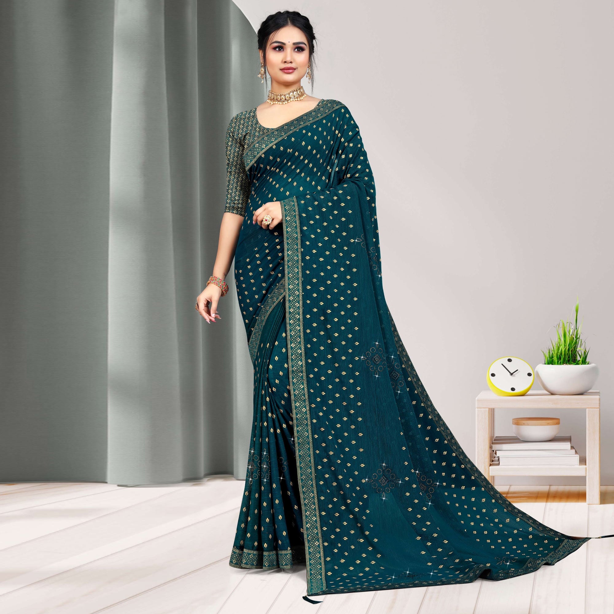 Teal Blue Woven Chiffon Saree