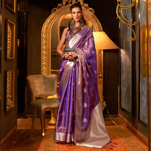 Purple Woven Organza Saree With Tassels