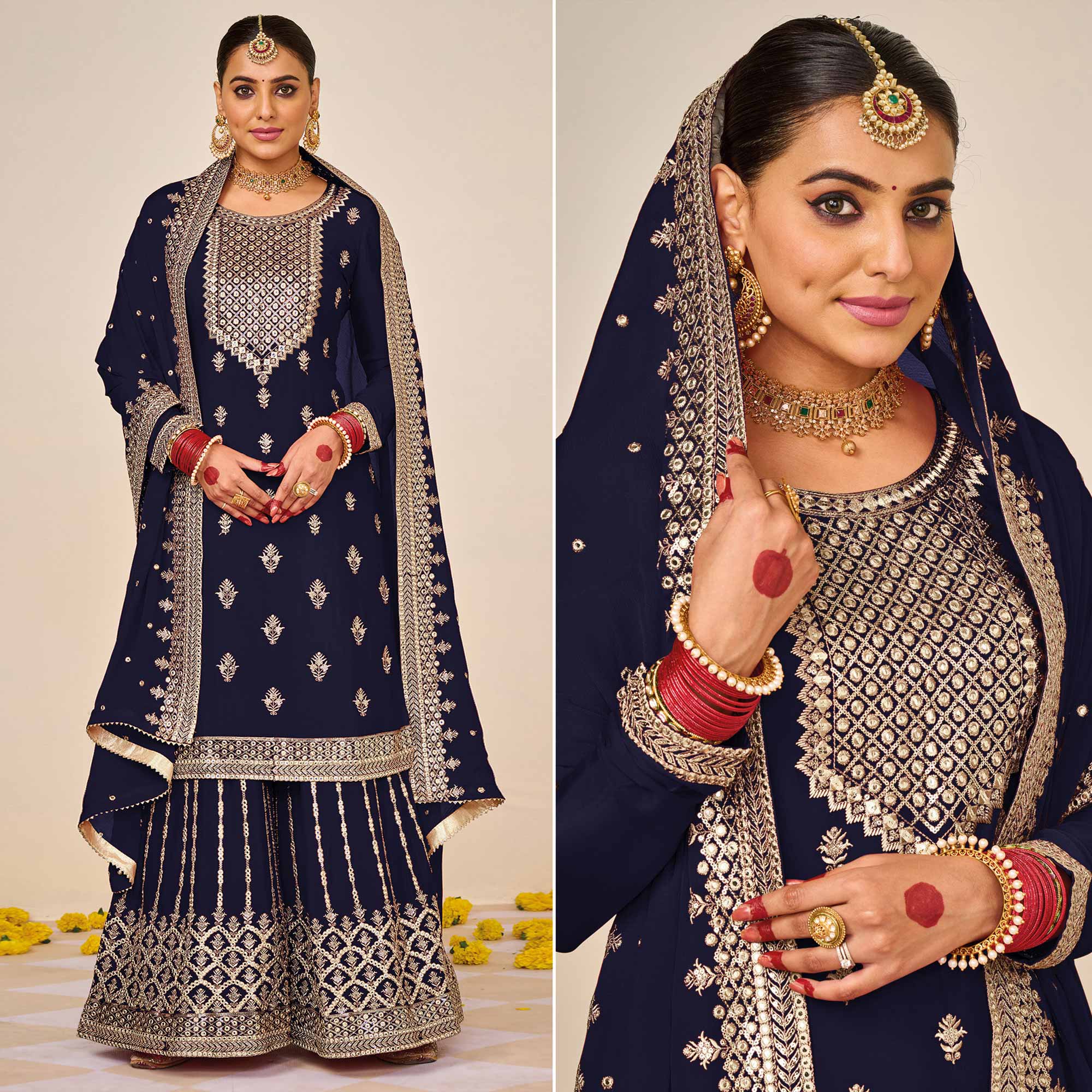 Blue Embroidered Georgette Sharara Suit