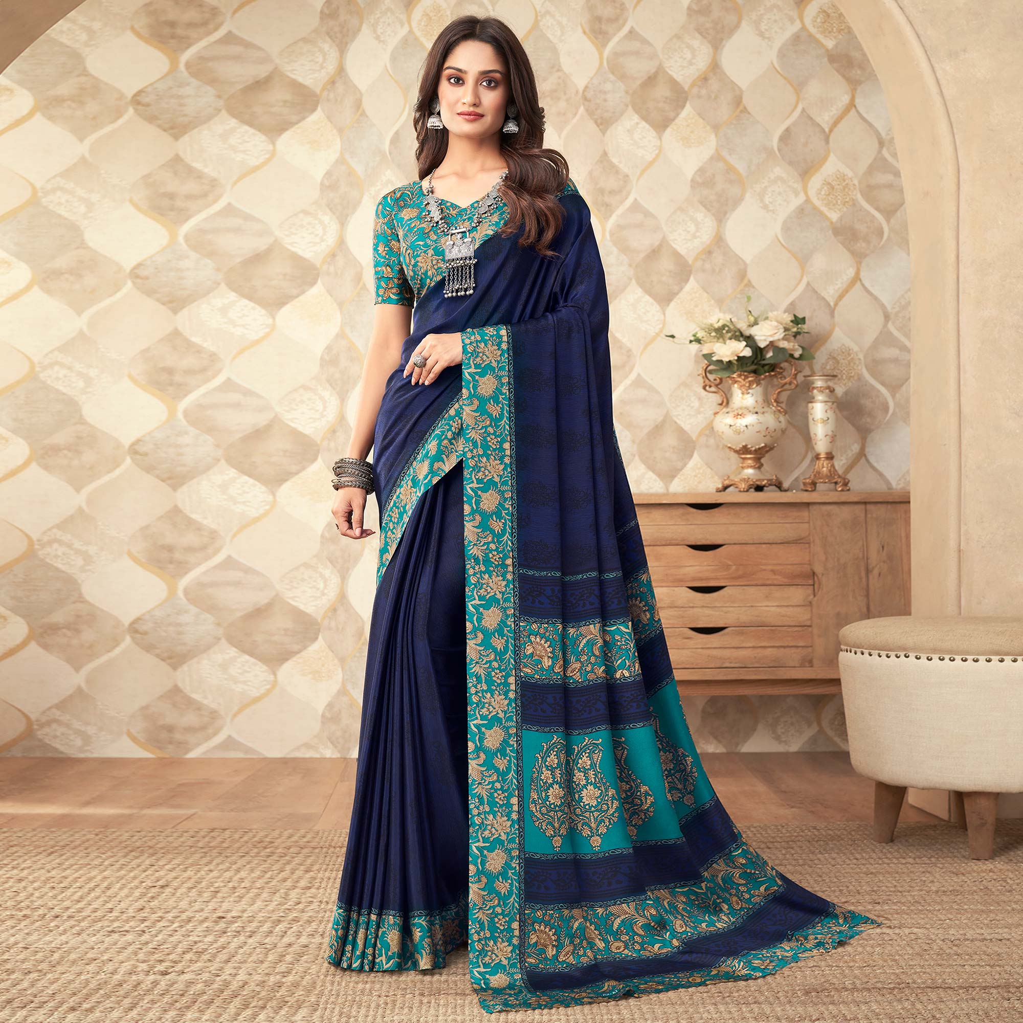 Navy Blue Printed Crepe Saree