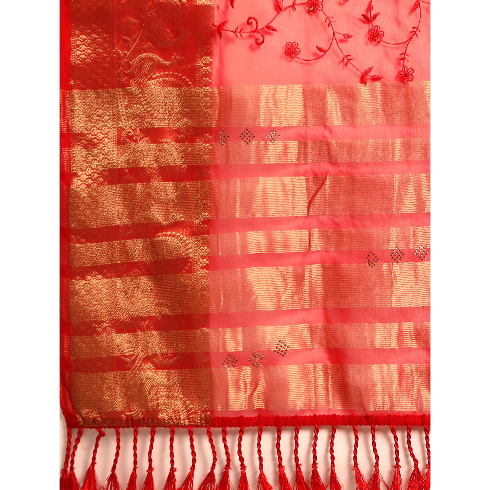 Red Floral Embroidered Organza Saree