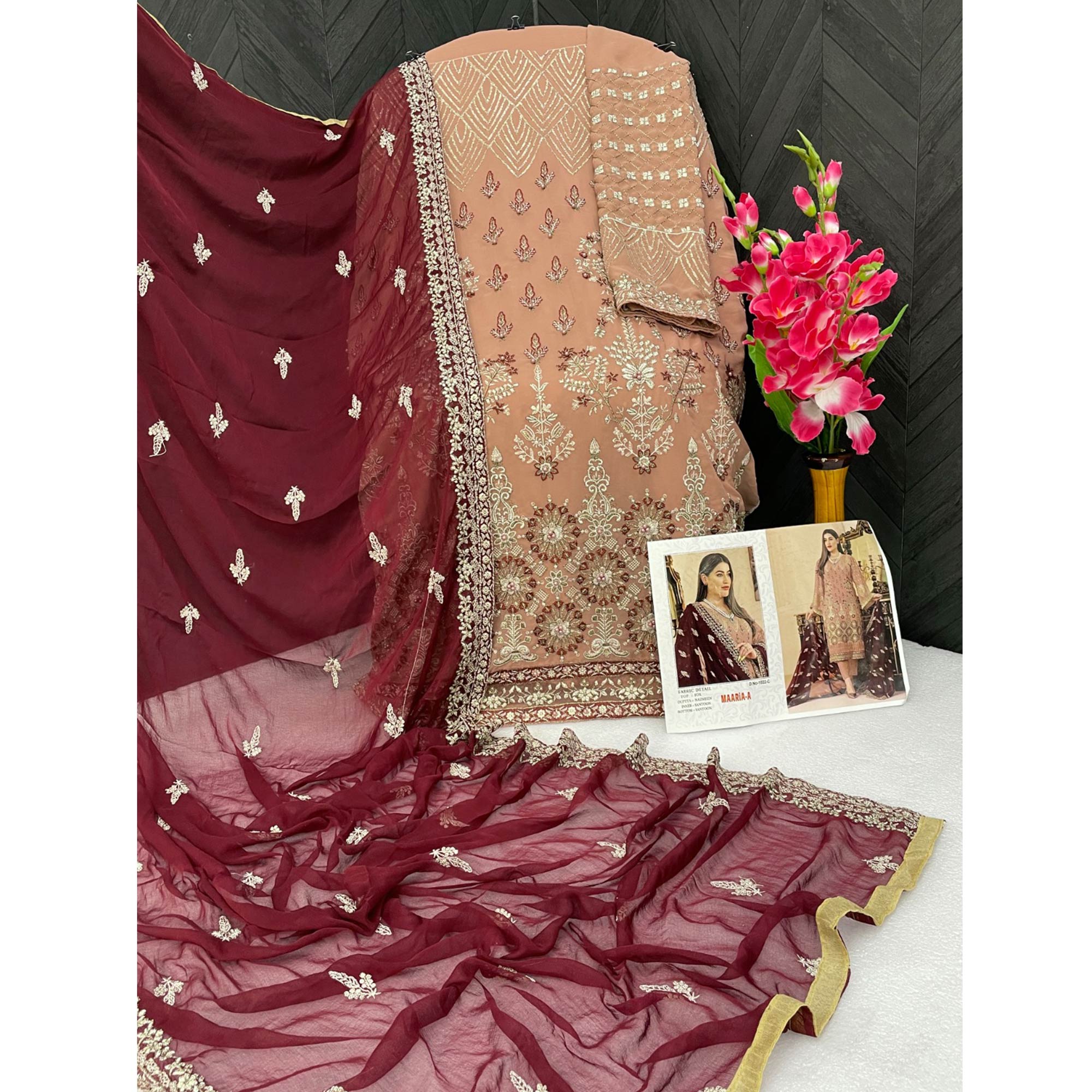 Peach Sequins Embroidered Georgette Pakistani Suit