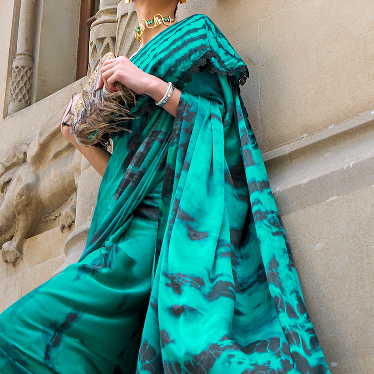Turquoise Printed Crepe Saree