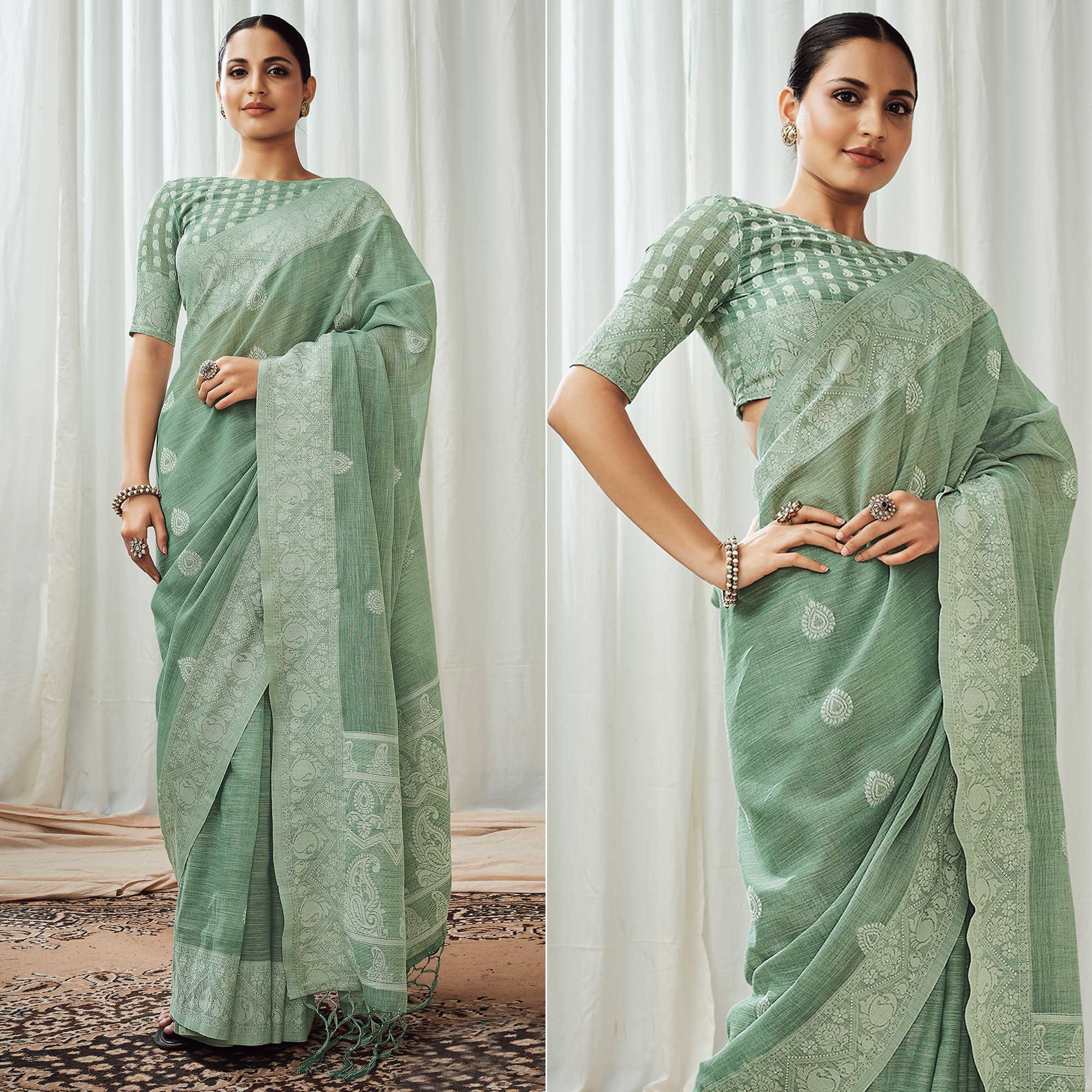 Green Woven Linen Saree