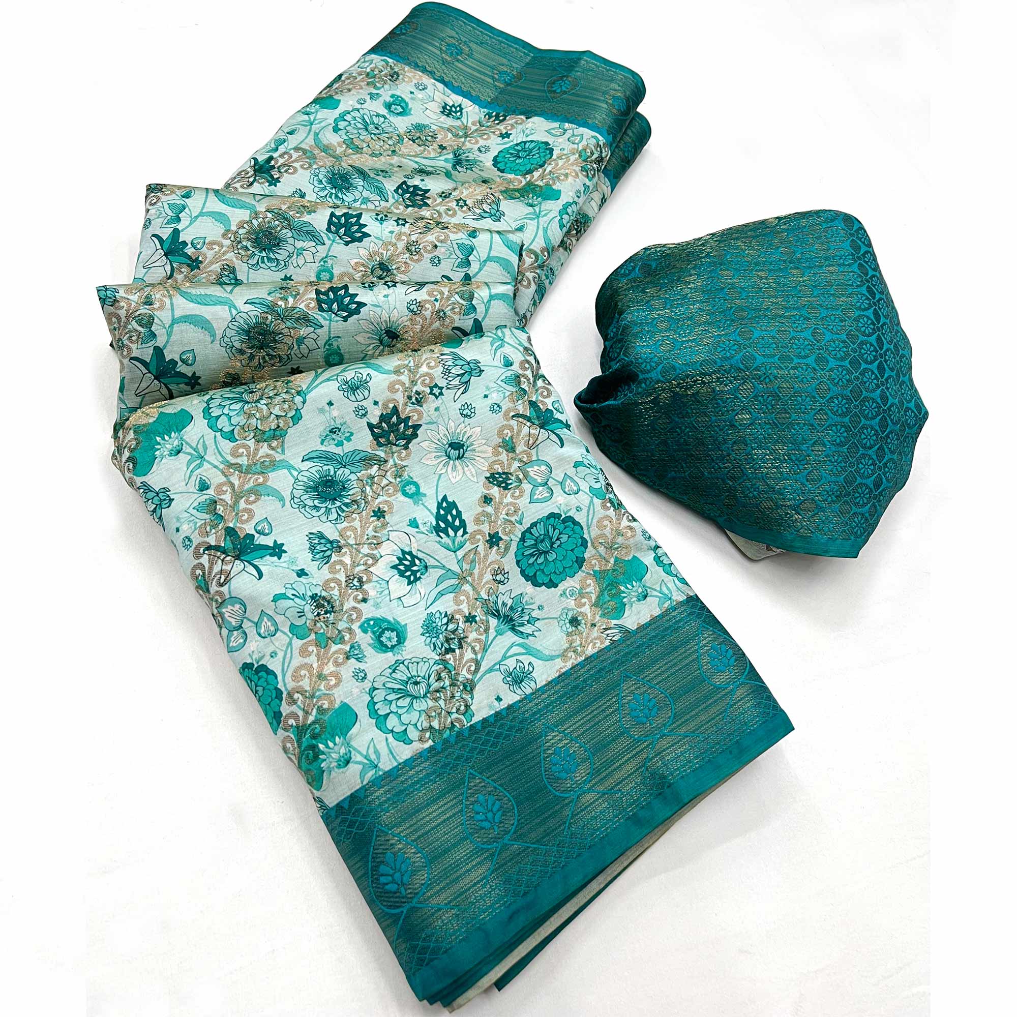 Rama Blue Digital Printed Cotton Silk Saree