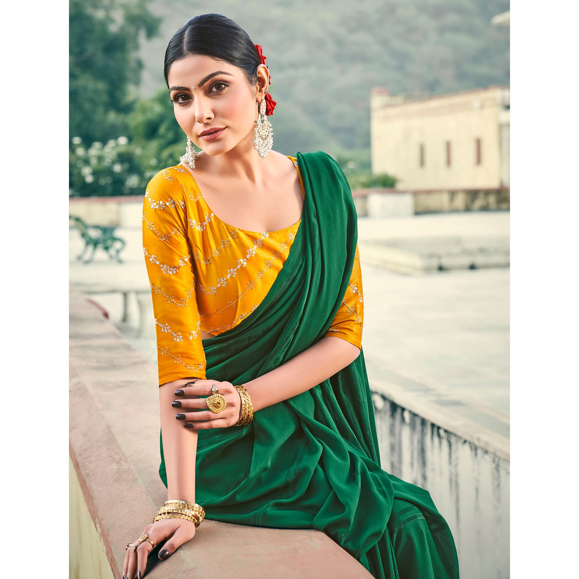 Green Printed Georgette Saree With Tassels