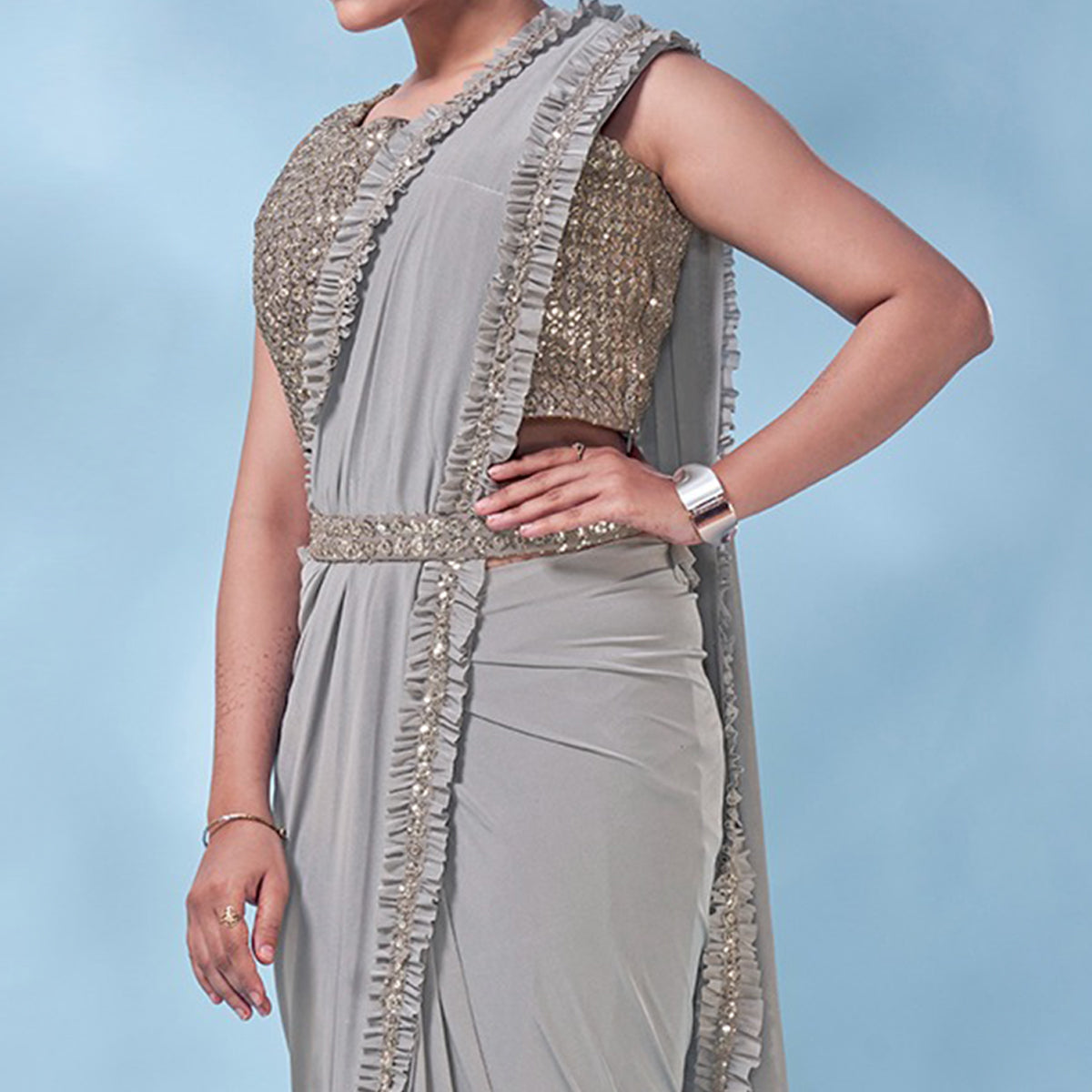 Grey Sequins Embroidered Ready to Wear Lycra Saree