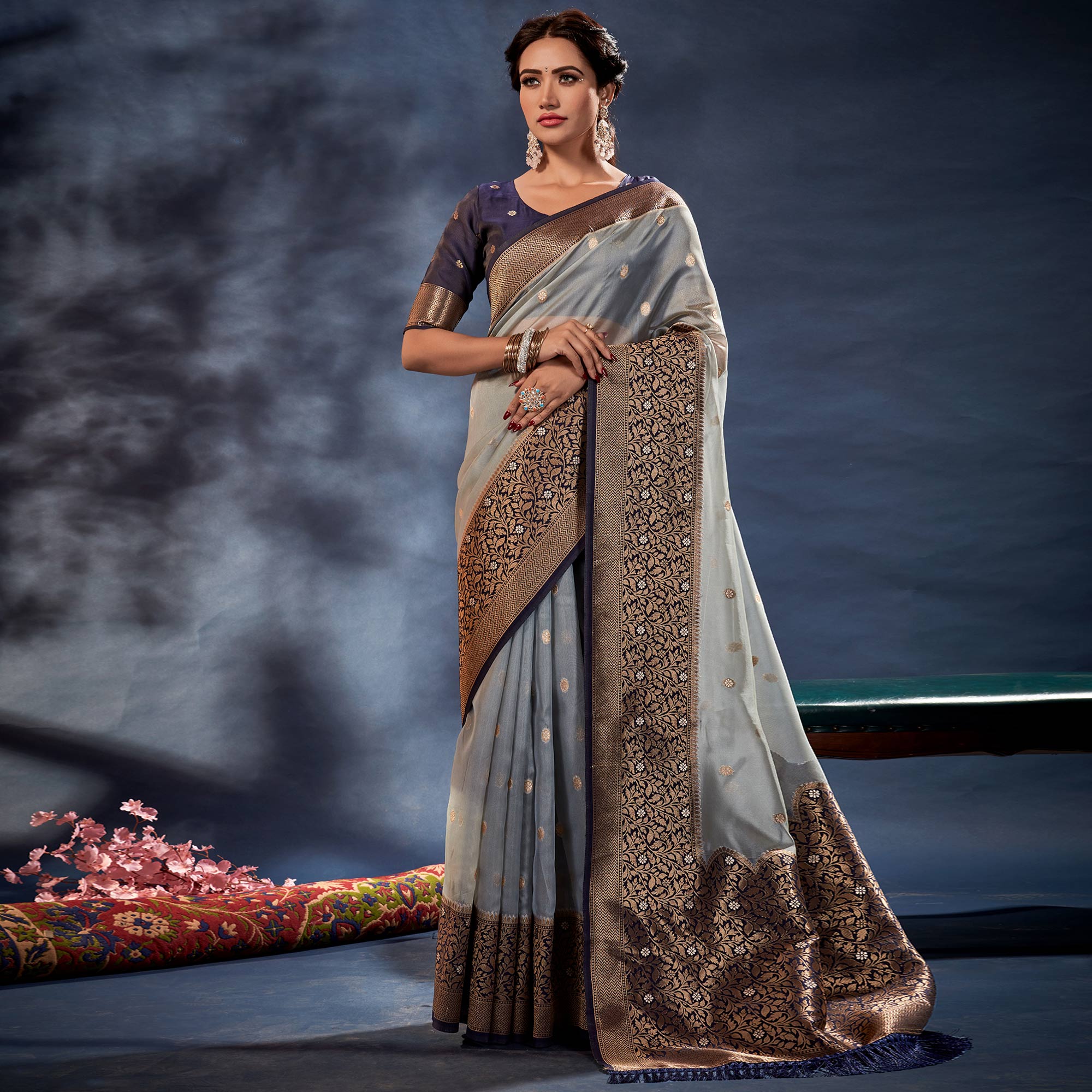 Grey Woven Organza Saree