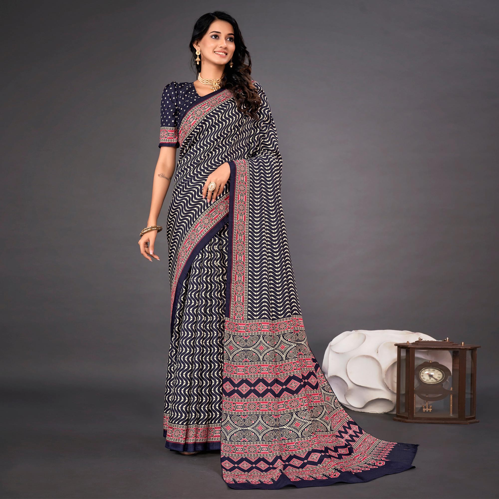 Navy Blue Printed Dola Silk Saree
