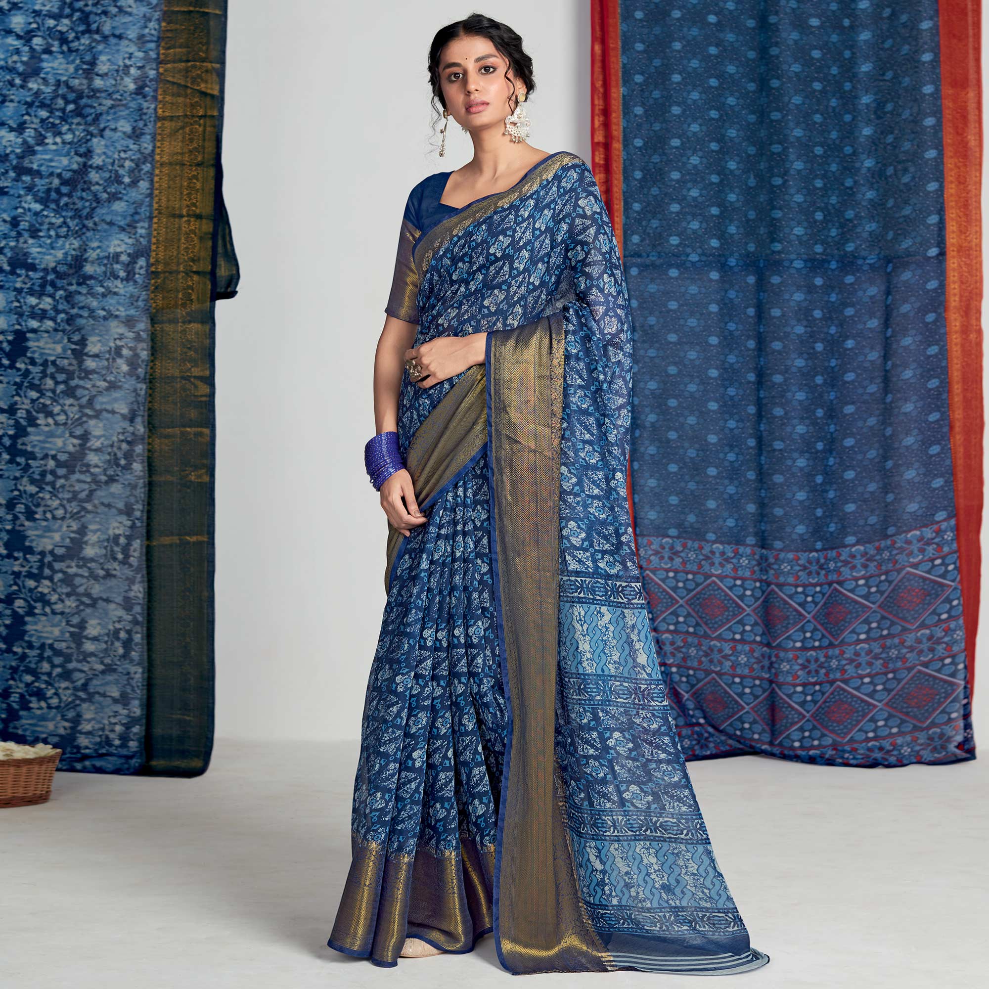Blue Printed With Woven Border Cotton Blend Saree