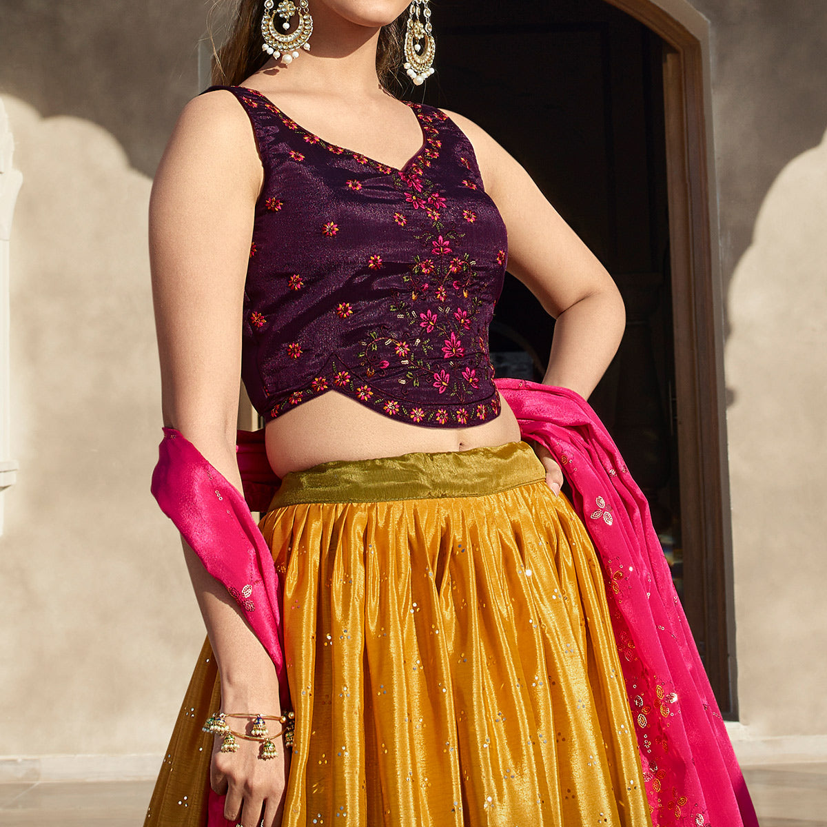 Mustard & Olive Green Embellished Mirror Work Georgette Lehenga Choli
